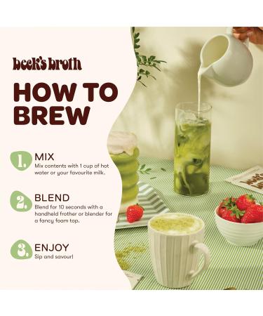 Beck's Broth Matcha Latte - Bone Broth Powder Sachets (5-Pack) | 15g of Protein Per Serving | All Natural Pasture Raised Beef Broth | Dairy Free Gluten Free | Organic Matcha Powder | Rich & Smooth - Buy Online on GoSupps.com