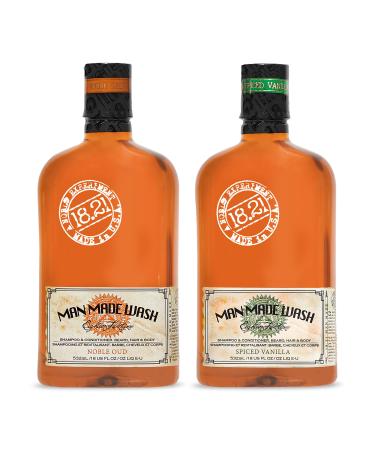 18.21 Man Made Noble Oud Wash & Spiced Vanilla 3-in-1 18 oz Wash 2-Set Bundle All Hair & Skin Types for Men Strengthens and Moisturizes in a Manly Aroma