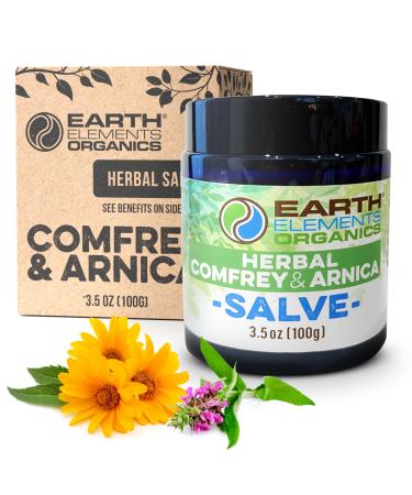 Earth Elements Organics Arnica & Comfrey Salve - Herbal Blend of Oils Beeswax Vitamin E Tea Tree Oil Skincare Body Care Light Herbal Salve - 3.5oz