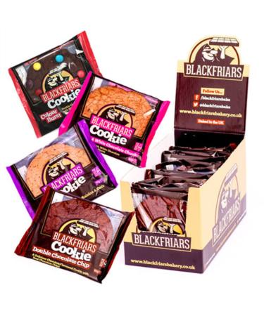 Individually wrapped & ambient. Mixed box of cookies - 4 double chocolate chip cookies 4 raspberry & white chocolate cookies 4 oat & raisin cookies 4 colour burst cookies