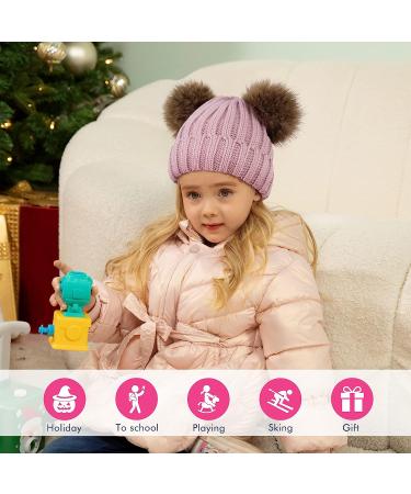 Simplicity Warm Kids Winter Hat with Pompom Ears - Pink Plush Lined Beanie for Boys and Girls - Buy Online on GoSupps.com