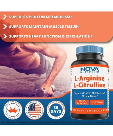Nova Nutritions L-Arginine L-Citrulline 1000mg - Muscle Relaxation Support - 120 Tablets - Buy Online on GoSupps.com