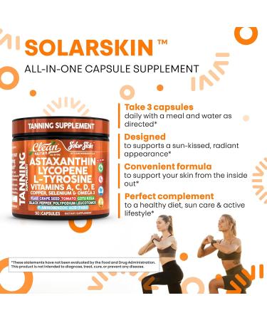 Solar Skin Astaxanthin Tanning Supplement Lycopene L-Tyrosine Vitamins A C D E PABA Beta Carotene Selenium Grapeseed Extract Omega 3 Flax Seed Copper Capsules by Clea Nutra - Buy Online on GoSupps.com