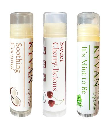 KYVAN Classic Trio Lip Balms - Variety 3 Pack 15 oz each Soothing Coconut Lip Balm Sweet Cherry-licious Lip Balm It's Mint To Be Lip Balm USDA Certified Organic Paraben Free Cruelty Free Coconut Cherry Eucalyptus Mint
