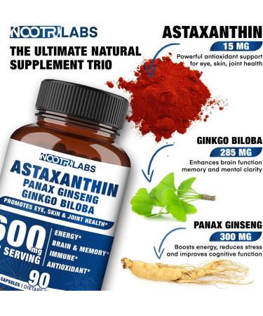 Astaxanthin 15mg + Panax Ginseng Ginkgo Biloba Supplements | 90 Vegan Capsules | Eye Skin Joint Health Energy Cardiovascular Support | Immune Defense Focus Memory Booster - Buy Online on GoSupps.com