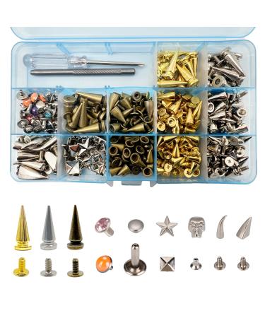 Spikes for Clothing  Studs for Clothing  244 Sets of Spike Studs  Punk Style Croc Spikes  3 Colors  9 Shapes  Rhinoceros Horn  Pepper  Skull  etc. with a Full Set of Setting Tools