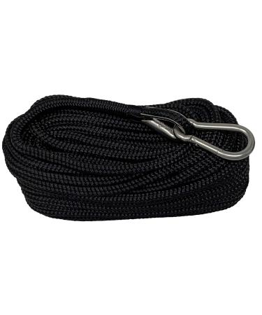 Rainier Supply Co. Boat Anchor Line - 50 ft x 1/4 inch Anchor Rope - Double Braided Nylon Anchor Boat Rope with 316SS Thimble and Heavy Duty Marine Grade Snap Hook - Black 50' x 1/4" Black