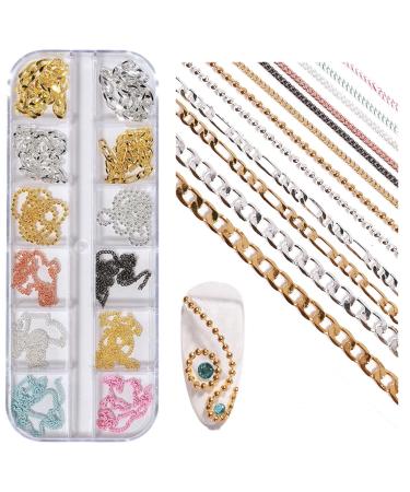 NICENEEDED 12 Strips Metal Nail Art Chains Nail Jewelry Chains with Box Alloy Nail Chains Punk Nail Charms Nail Ornament Chain Nail Jewels Nail Art Studs for Nail Salon