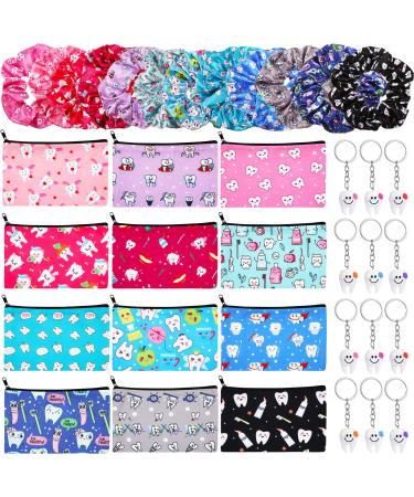 36 Pcs Dental Hygienist Gifts 12 Teeth Makeup Bags 12 Teeth Hair Scrunchies 12 Tooth Shape Key Chains Dental Assistant Cosmetic Pouch Tooth Elastic Hair Holder Hygiene Ponytail for Women Girls