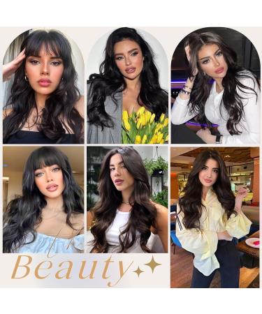 Kellynee Dark Brown Wig with Bangs - Long Loose Waves - Heat Resistant Synthetic Hair for Women - Stylish for Daily Wear and Special Occasions - Buy Online on GoSupps.com