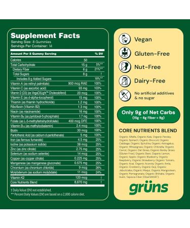 Gruns Adult Super Greens Gummies 10 Pack Superfood Gummy Bears with Spirulina Chlorella & Prebiotics for Digestive Health Adaptogens Supplement with 20 Vitamins & Minerals Low Sugar - Buy Online on GoSupps.com