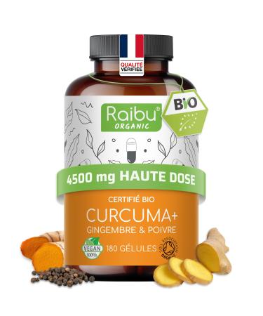 Curcuma gingembre poivre noir 4500mg 180 g lules de curcumine bio - curcuma bio gelule anti inflammatoire bien- tre articulaire sant du foie immunit - test en laboratoire Raibu