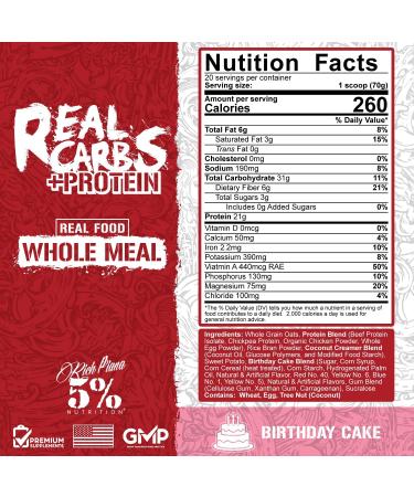 5% Nutrition Rich Piana Real Carbs + Protein | Clean Mass Gainer | Birthday Cake Flavor | 3 lb Protein Powder for Pre/Post-Workout Recovery | 20 Servings - Buy Online on GoSupps.com