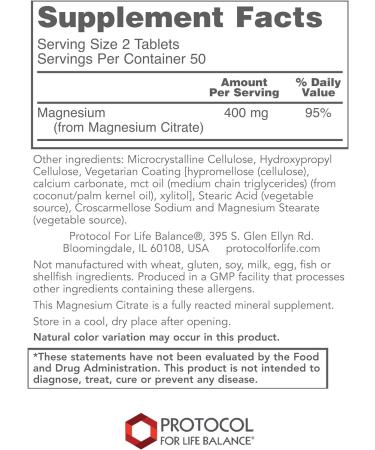 Protocol Magnesium Citrate 400mg - Mood & Heart Health Support - 100 Tabs - Buy Online on GoSupps.com