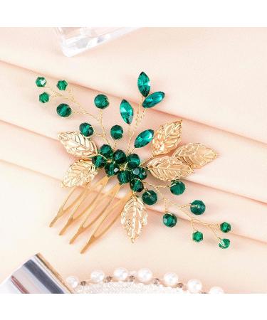 HINZIC 2Pcs Green Crystal Hair Comb - Bridal Leaves Wedding Flowers Rhinestone Hair Clip - Emerald Green Hair Accessories for Bride Party - Buy Online on GoSupps.com