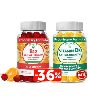 Lunakai Vitamin D3 and Vitamin B12 Gummies Bundle - Immunity Bone and Mood Support VIT D3 2000IU Supplement - 3000mcg Methylcobalamin High Absorption Energy Gummy