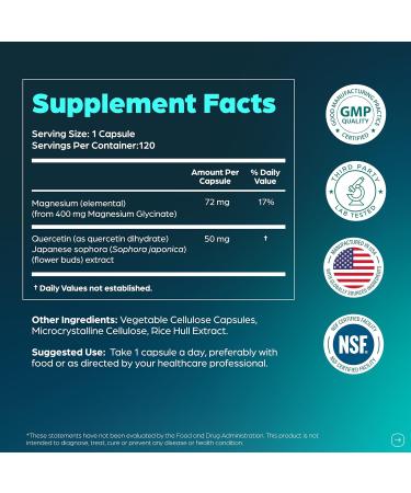 Magnesium Glycinate 400mg High Absorption Capsules with Quercetin | Quality Sleep Relaxation & Muscle Health Supplement for Women and Men | Chelated Magnesium 120 Count (Pack of 1) | Easy to Swallow - Buy Online on GoSupps.com