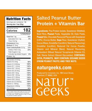 NaturGeeks Protein + Vitamin Bar Salted Peanut Butter - 16g Protein & 11 Vitamins Zinc & Magnesium for Immunity Support - Zero Added Sugar Vegan Gluten Free Dairy & Soy Free 12 count - Buy Online on GoSupps.com