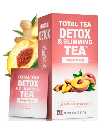 Total Tea Slimming Detox Tea Caffeine Free Herbal Tea with Chamomile Hibiscus Tea and Ginger Root for Colon Cleanse and Weight L0SS   Natural Herbal Ginger & Peach Tea for Digestive Health (25 Bags) Ginger Peach