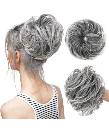 CJL HAIR Messy Bun Hair Piece Straight Fake Bun Scrunchies Heat Resistant Fiber Synthetic Fully Beach Blonde Short Ponytail Extension Instant Updo Donut Chignons Elastic Scrunchy Hairpiece for White Women Girls (Gray and W…