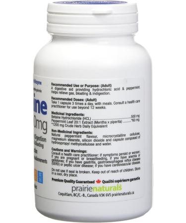 Prairie Naturals Betaine HCL 500mg VCaps - 60 Count Unflavored 60 Count (Pack of 1) - Buy Online on GoSupps.com