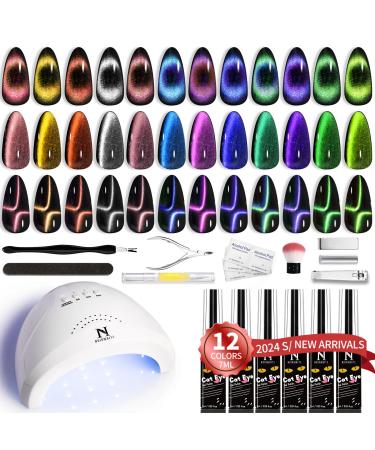 Gel Nail Polish Kit with UV Light 12 Colors Sparkly Glitter 9D Chameleon Cat Eye Gel Nail Polish Set with Magnet Base Top Coat Manicure Tools All-In-One Magnetic Nail Polish Starter Kit