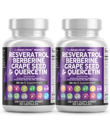 Clean Nutraceuticals Resveratrol Berberine Grape Seed Extract Quercetin Green Tea Extract Polyphenol Supplement for Women & Men N-Acetyl Cysteine Acai Extract - 2Pack