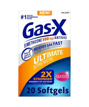Gas-X Ultimate Strength Gas Relief Softgels with Simethicone 500 mg Fast Bloating Relief Anti-Gas OTC Stomach & Intestinal Gas Easy to Swallow 20 Count