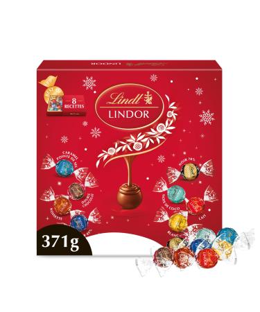 Lindt - Bo te Partage LINDOR - Assortiment de Chocolats au Lait Blancs Noir 70% Noix de Coco Double Chocolat Caramel Pointe de Sel Noisettes et Noir 45% - C ur fondant - Id al pour No l 371g Bo te Partage 371g