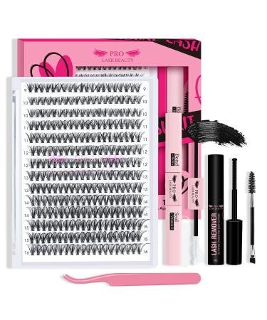 DIY eyelash extension kit individual eyelashes kit with 280 PCs cluster eyelash binding and seal eyelash applianter eyelash brush for beginners (30d-9-16mix kit) 9-16 MIX 30D-D kit (g)