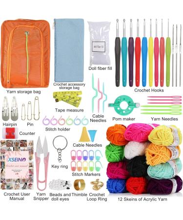XSEINO Crochet Kit with Hooks and Yarn Set - 12 Colors, Accessories, Bag & More - Starter Pack for Kids & Adults - Buy Online on GoSupps.com