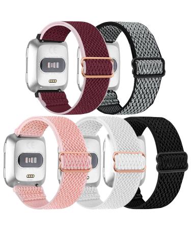 5 Pack Elastic Nylon Bands Compatible with Fitbit Versa / Versa 2 / Versa Lite / Versa SE for Women Men, Adjustable Breathable Fabric Sport Elastic Wristband for Fitbit Versa Smart Watch Combination 1
