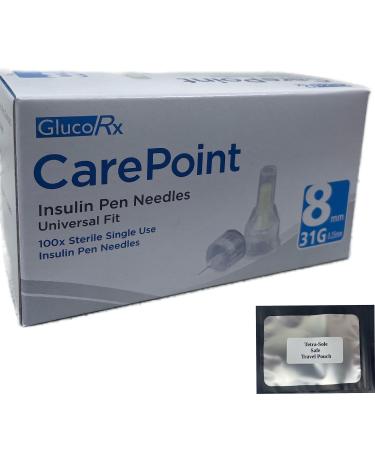 Glucorx Carepoint Diabetic Insulin Pen Tips 4mmx31G 5mmx31G 6mmx31G 8mmx31G 12mmx29G + FREE Tetra-Sole Travel Pouch (8mm 31G)