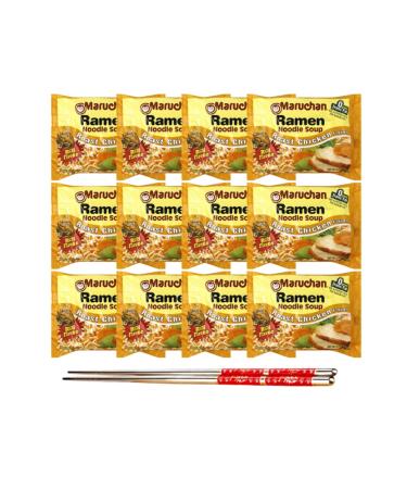 Ja Cor Instant Ramen Noodles Soup Roast Chicken Flavor Bulk Noodle Pack 3 oz Package Bundle with (1) Set of Reusable Stainless Steel Chopsticks (12 Individual Packs)