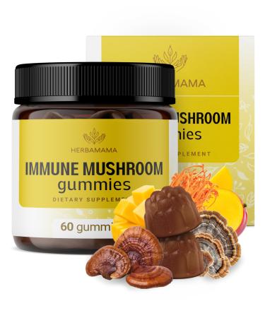 HERBAMAMA Immune Support Mushroom Gummies - Multi Mushroom Blend Complex for Antioxidant Support - Vegan Non-GMO Immunity Supplement - 60 Pectin-Based Mango-Flavored Chews