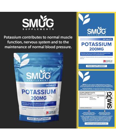 SMUG Potassium Tablets - 120 High Strength 200mg Pills - Supports Blood Pressure and Muscle Function - Vegan Friendly - Made in Britain - Buy Online on GoSupps.com