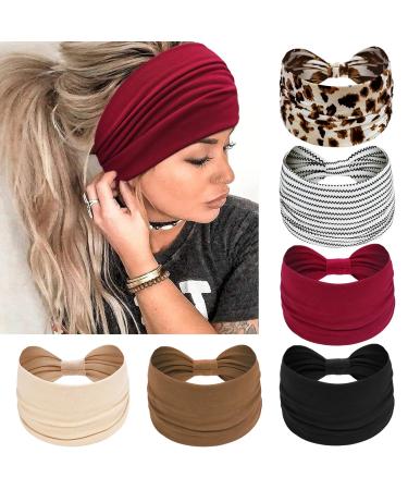 Kavya Headbands for Women's Hair UK Wide Soft Ladies Headband Boho Print Leopard Bandanas Knot Adult Scarfs Hairbands Elastic Fashion Yoga Hair Bands Hair Accessories (6 Pcs)-H Multi-colored-6