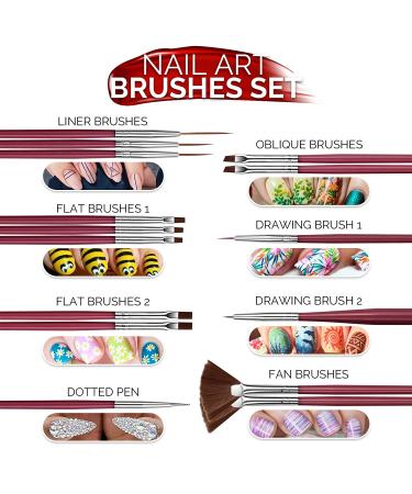 Nail Art Brushes Kit with Dotting Tools, Butterfly Stickers, Rhinestones, Tweezer, Foil Flakes, Striping Tape - Rose Red - Buy Online on GoSupps.com