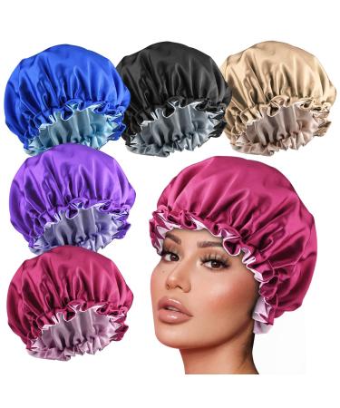 5pcs Drawstring Large Satin Bonnet for Black Women  Double Layer Reversible Silk Hair Cap for Curly Hair Braids A A-solid