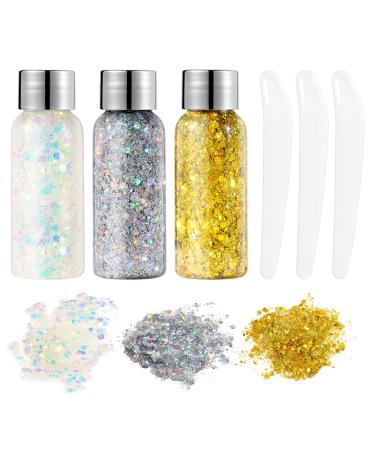 URAQT Body Glitter Gel 3Pcs Holographic Mermaid Sequins Glitter Chunky Cosmetic Glitter Face and Body Gel Sparkling Festival Party Lotion Glitter for Face Body Eye Hair Nail Makeup and DIY Art (A) White & Silver & Gold - Buy Online on GoSupps.com