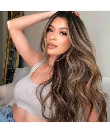 K'ryssma Brown Ombre Lace Front Wig with Dark Roots Long Brown Wavy Wig with Highlights L Part Deep Parting Brown Synthetic Wig 18 inches Ombre Brown