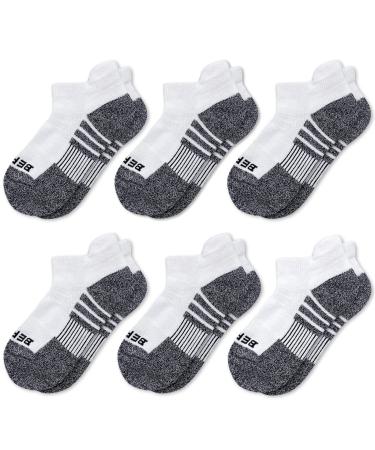 BERING Kids' Athletic Cushioned Ankle Socks 6 Pairs Low Cut Tab for Youth Boys Girls White Large