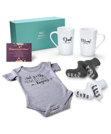 Pregnancy Gifts for First Time Moms  New Mom Gifts for Women, Mom and Dad Est 2022 14 oz Mug Set with Onesie and Baby Socks - Top New Parents Gifts for Couples - Ideal for Gender Reveal, Baby Shower Adventure Begins