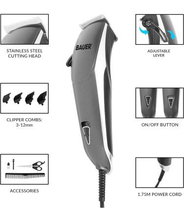 Bauer Professional Hair Clipper Set for Men - High Precision & Adjustable Lengths, Stainless Steel Blades & Accessories Included - Buy Online on GoSupps.com