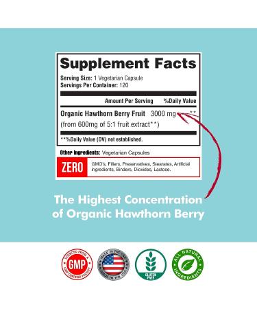 Happi Mi Nutrition Organic Hawthorn Berry 5:1 Extract 3000mg | 120 Veg Capsules | Immune & Circulatory Support, Antioxidant-Rich Formula | Non-GMO, Gluten-Free - Buy Online on GoSupps.com