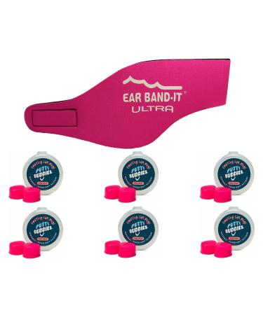 EAR BAND-IT Ultra Swimming Headband with Putty Buddies earplugs - 6 Pair Soft Silicone Premium Ear Plugs - The Best Swim Headband and Earplugs - Doctor Recommended Medium (ages 2 to 7yrs) Hot Pink