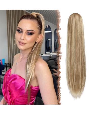 Feshfen ponytail extensions with cord strain long straight braid cord strip ponytail hair part smooth blond hair extensions synthetic drawstring ponytail extension for women 70 cm mixed blonde cord 70 cm 70 cm (1 Pack)