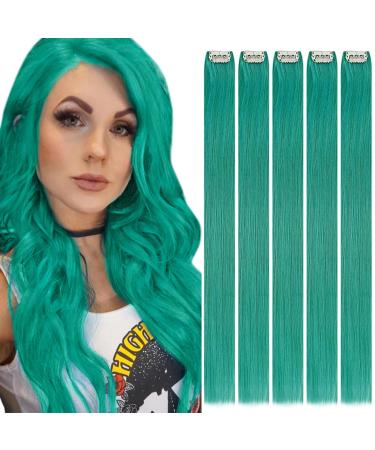 Runature clip extensions real hair 55cm Teal Extensions Remy Real Hair Clips Teal 55cm Lang Galtt Clip in Extensions Real Hair Gr n 5pcs 25g Color #Teal 55cm-25g #Teal
