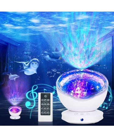 Ocean Wave Projector 8 Lighting Modes Skylight Projector with 6 Sleep Aids Remote Control LED Projection Lamp Timing Function Room Projector Suitable for Children Bedroom Living Room Decoration White