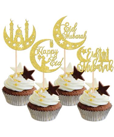 24 Pack Eid Mubarak Cupcake Toppers Glitter Star Ramadan Cupcake Pick Moon Star Eid Islamic Muslim Theme Party Cake Decoration Supplies Gold